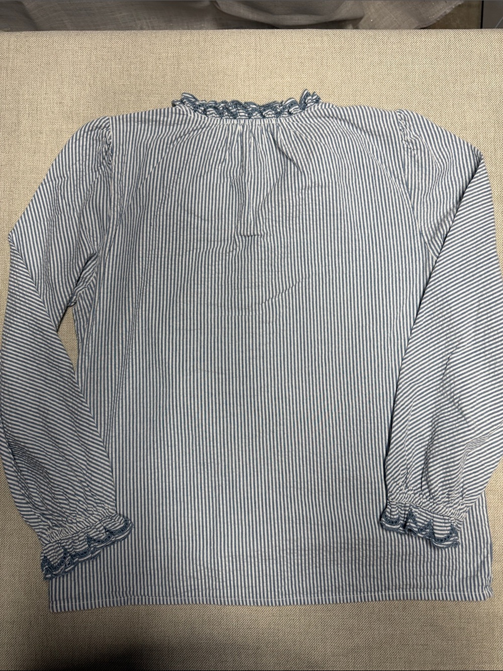 ba&sh Blue & White Striped Ruffle-Neck Button-Down Shirt. 0120 - Picture 9 of 10